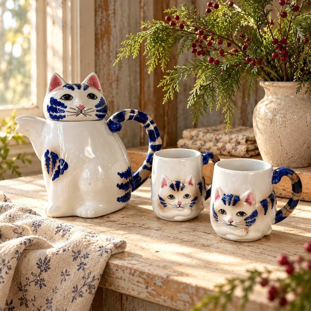 Vintage Pier 1 Lucky Cat Tea Set, Teapot & 2 Mugs, Blue White Ceramic, Whimsical